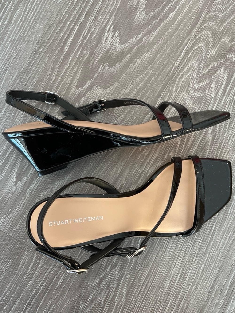 NEW Stuart Weitzman Black Patent Slingback Wedge Sandals